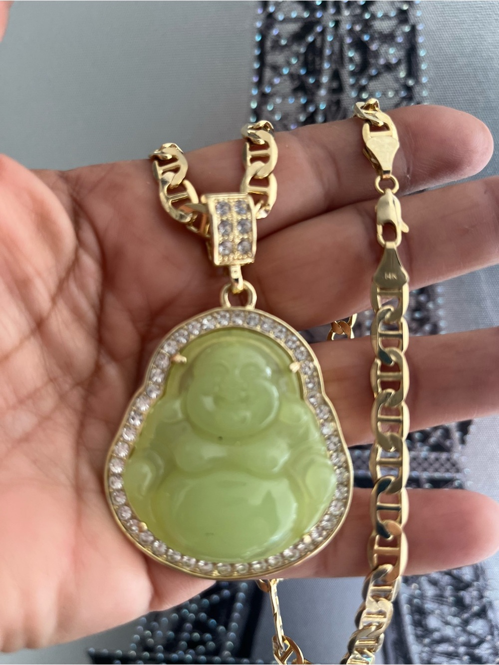 Gold-Plated Green Jade Buddha Pendant Necklace